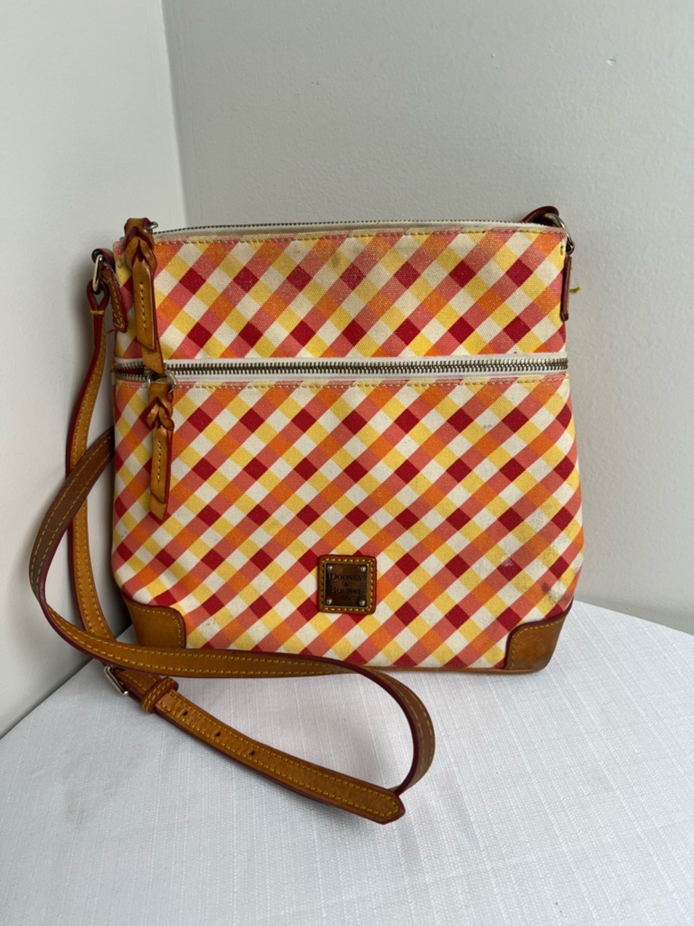 Dooney & Bourke Yellow Red Gingham Crossbody with Tan Leather Trim